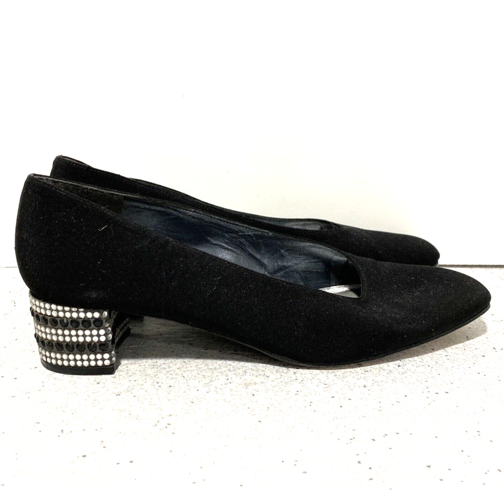 Stuart Weitzman dressy black satin pumps shoe rhinestone cover block heels 7.5 B